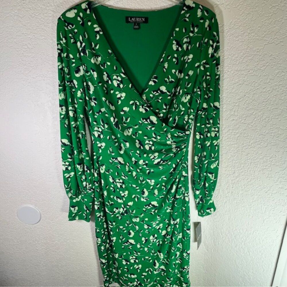 Lauren Ralph Lauren New w/ Tags Green, Black & White Shirred Wrap Dress- Size 2 - Picture 4 of 11